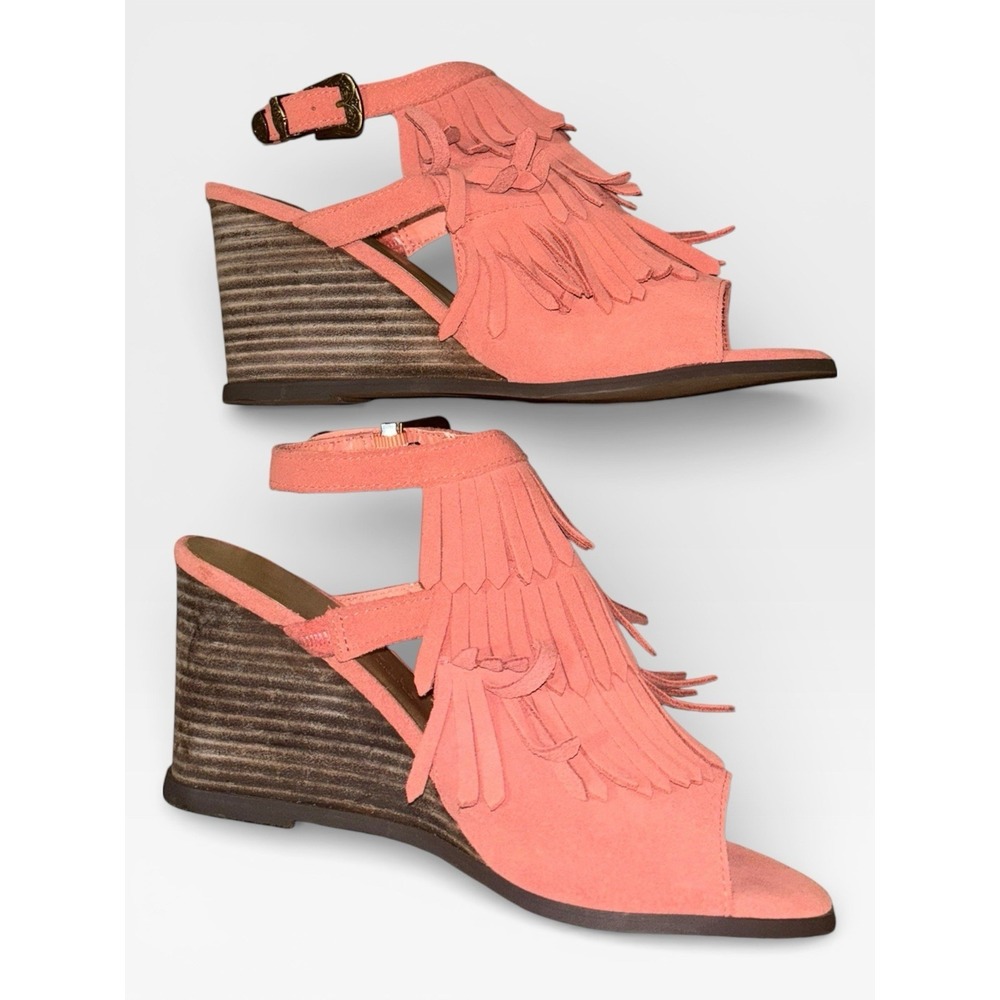 Very Volatile 7.5 Notion‎ Fringe Coral Suede Leather Wedge Sandals Boho Western - Picture 3 of 9